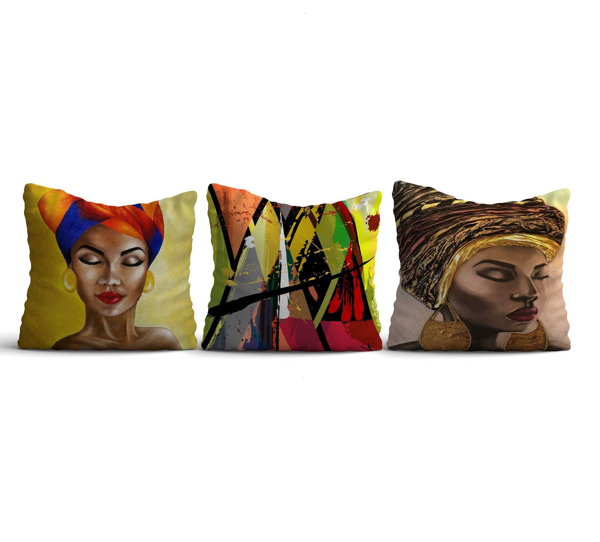 Lot von 3 Kissen Imany 43x43cm Stoff Motiv Porträt afrikanische Frau
