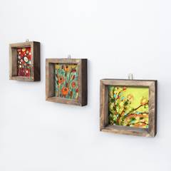 Lot de 3 tableaux Chronosol 15x15cm Pin massif Naturel et Toile Fleurs abstrait
