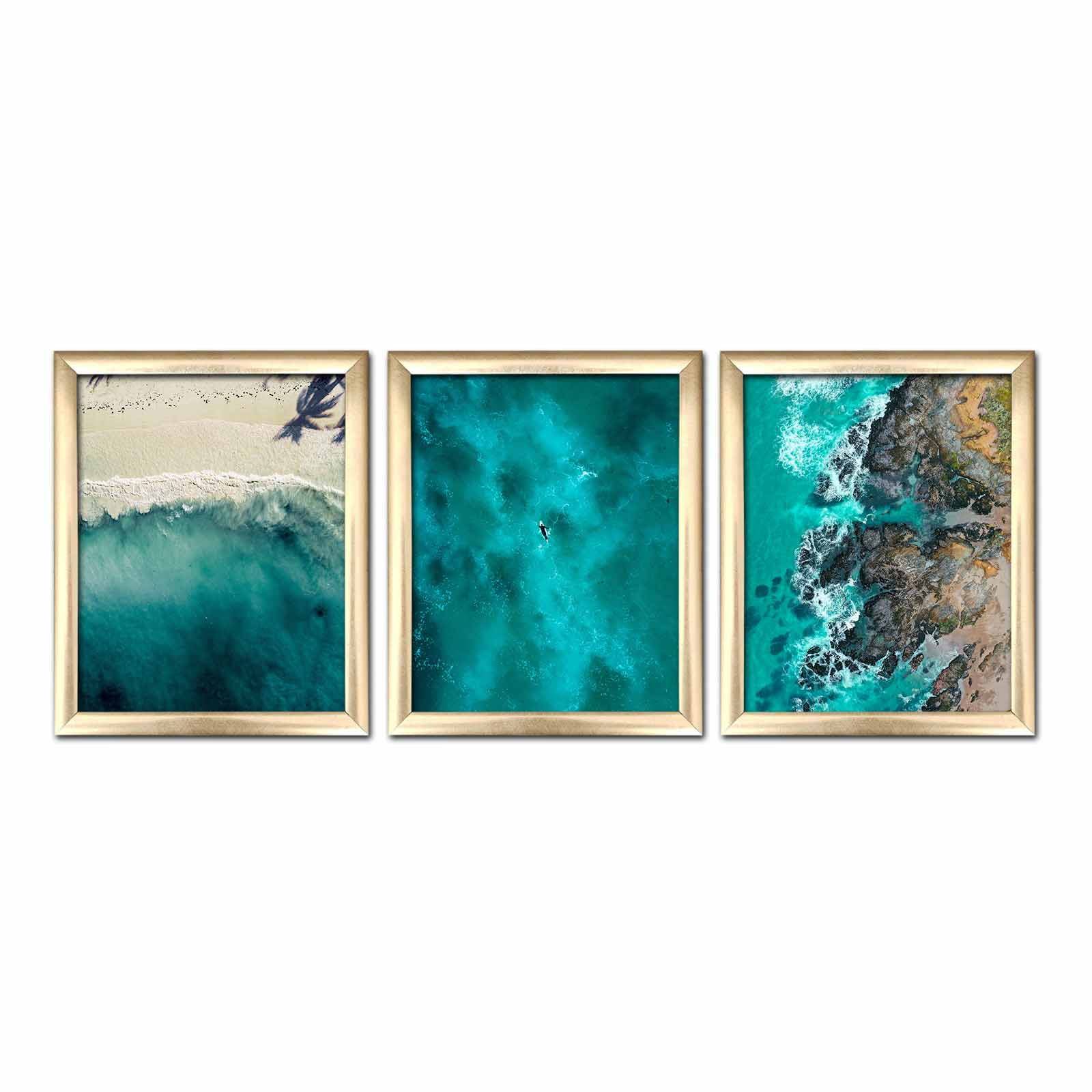 Lot de 3 tableaux encadrée en Or Pictor L76.5xH28,5cm Motif Paysages de vagues d