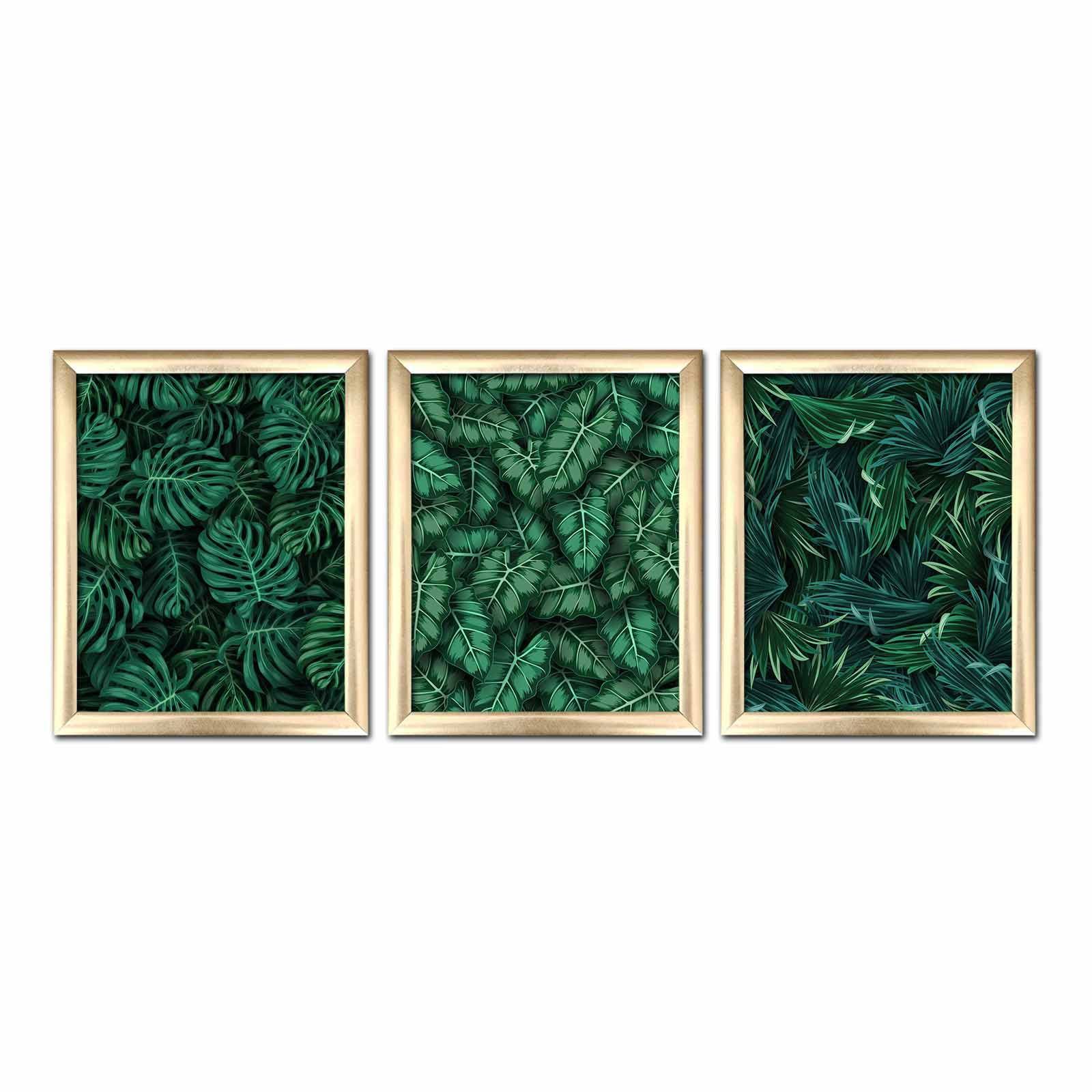 Lot de 3 tableaux encadrée en Or Pictor L76.5xH28,5cm Motif Jungle tropicale Vert foncé