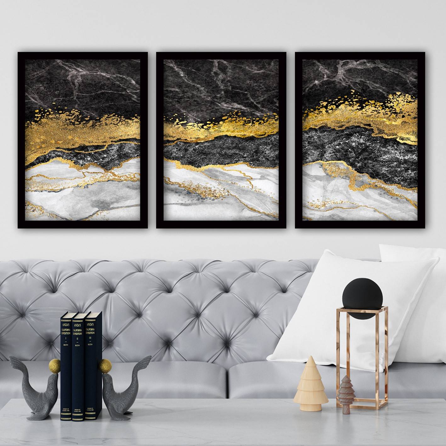 Set di 3 quadri da parete con texture onde bianche e nere Set di 3 quadri  da parete con texture nere Onde in bianco e nero Pittura astratta -   Italia