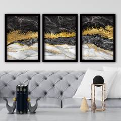 Set di 3 quadri con cornice Eula neri L35xH45cm Motivo effetto marmo Grigio scuro, bianco e oro