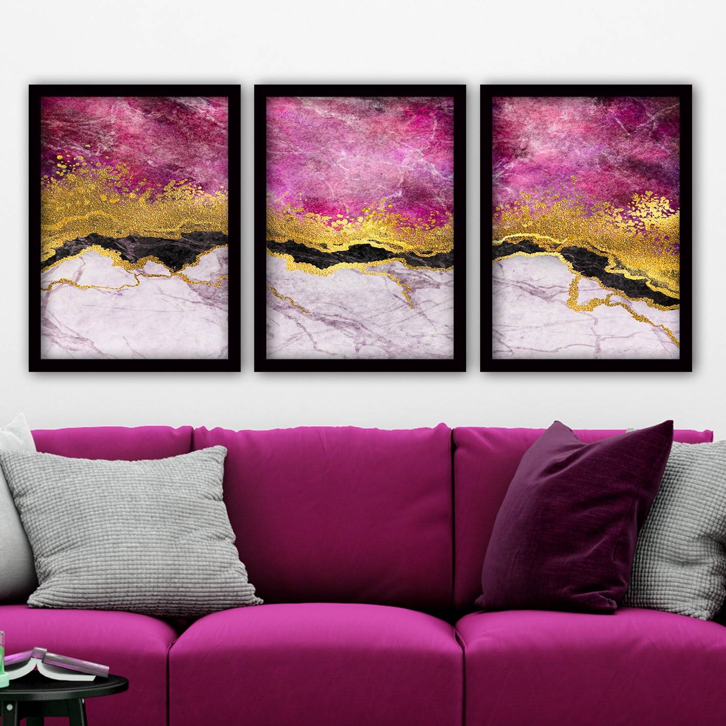 Set van 3 zwarte Eula ingelijste schilderijen L35xH45cm patroon met roze, bruin en goud marmereffect