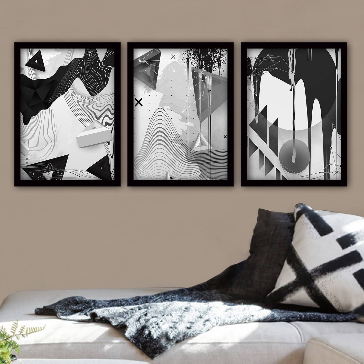 Set mit 3 schwarzen Eula-Gemälden, gerahmt, L35 x H45 cm, geometrisches abstraktes Schwarz-Weiß-Muster