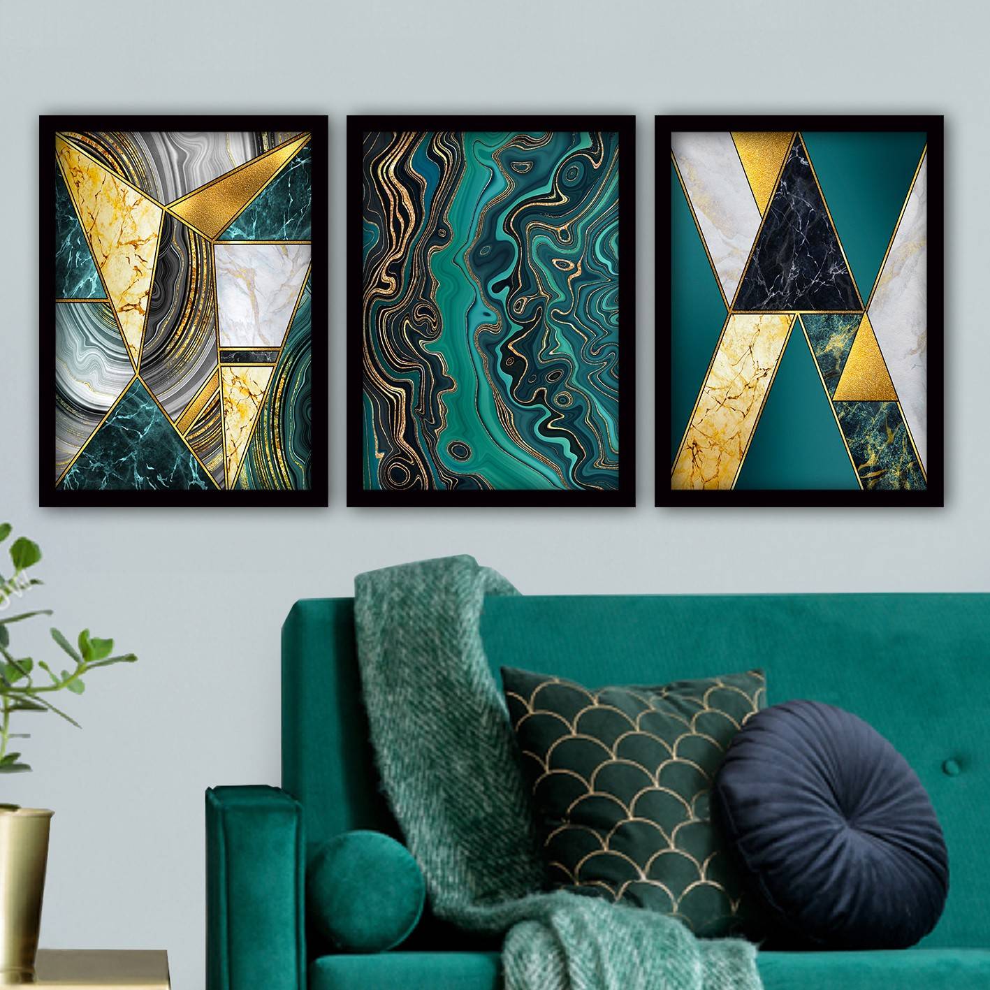 Set van 3 ingelijste schilderijen Zwart Eula L35xH45cm Geometrisch mozaïekpatroon met marmereffect en Veelkleurige vloeibare verf