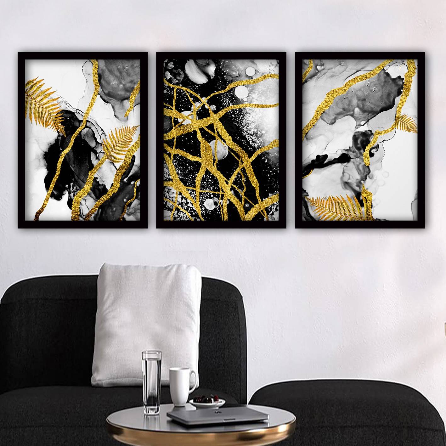 tableau triptyque jaune doré et gris - Fournier abstrait