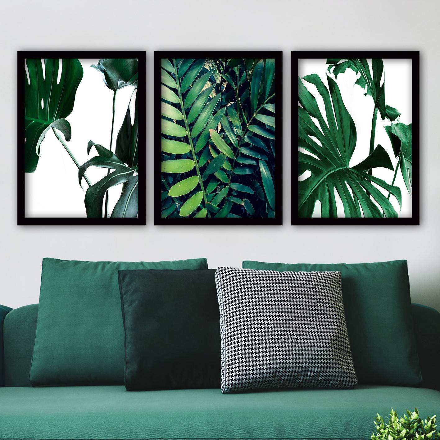 Set mit 3 gerahmten Bildern Schwarz Eula L35xH45cm Tropisches Pflanzenmuster Grün und Weiß