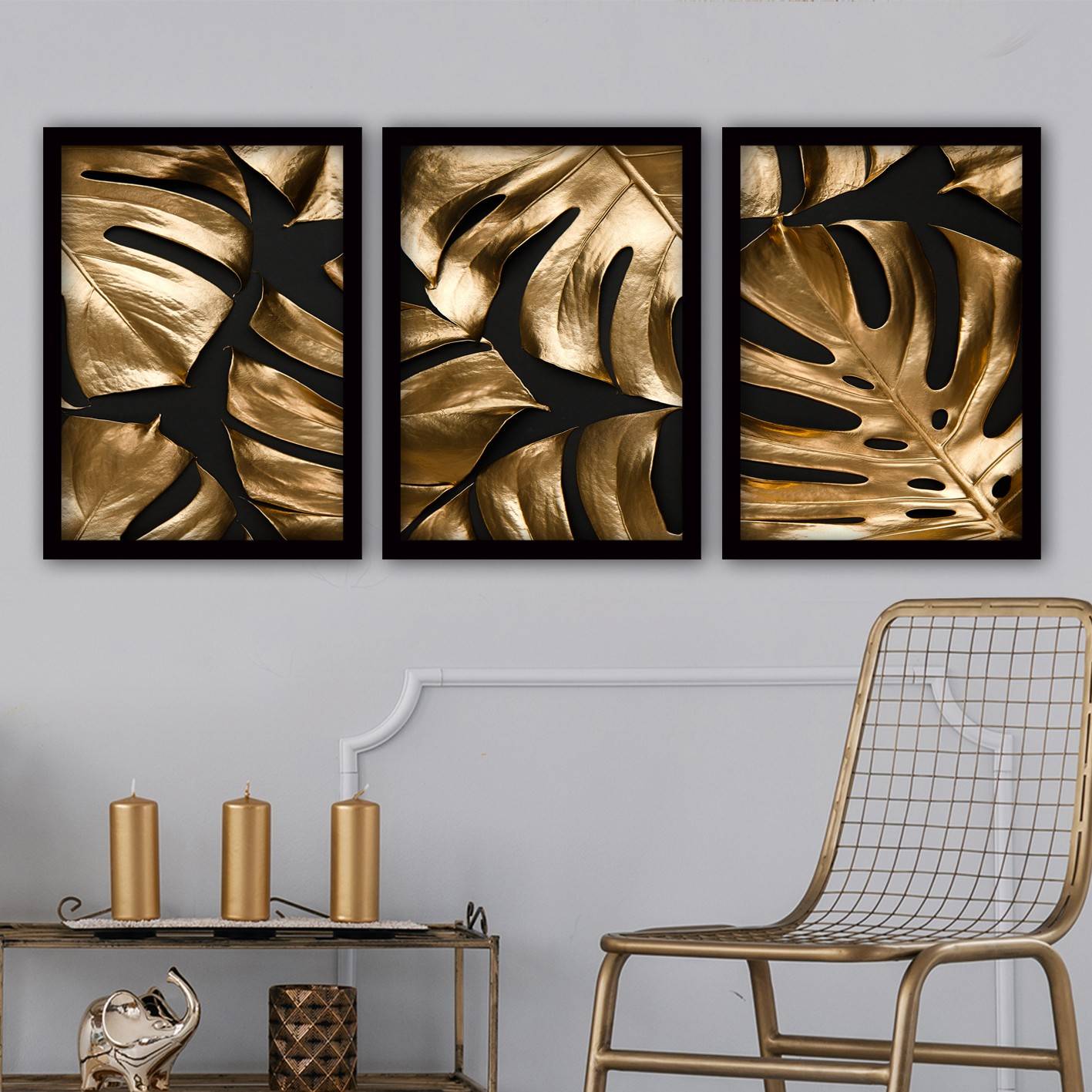 Set mit 3 schwarzen Eula-Bildern, gerahmt, L35 x H45 cm, goldfarbenes und schwarzes Monstera-Muster