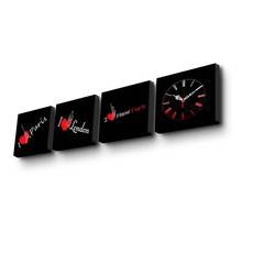 Set aus 3 Bildern und 1 Uhr Nimus B19xH19cm Motiv Stadtliebe Schwarz, Rot und Weiß