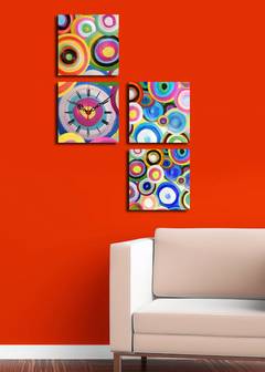 Lot de 3 tableaux et 1 tableau horloge Nimus 19x19cm Motif Circulaire abstrait Multicolore