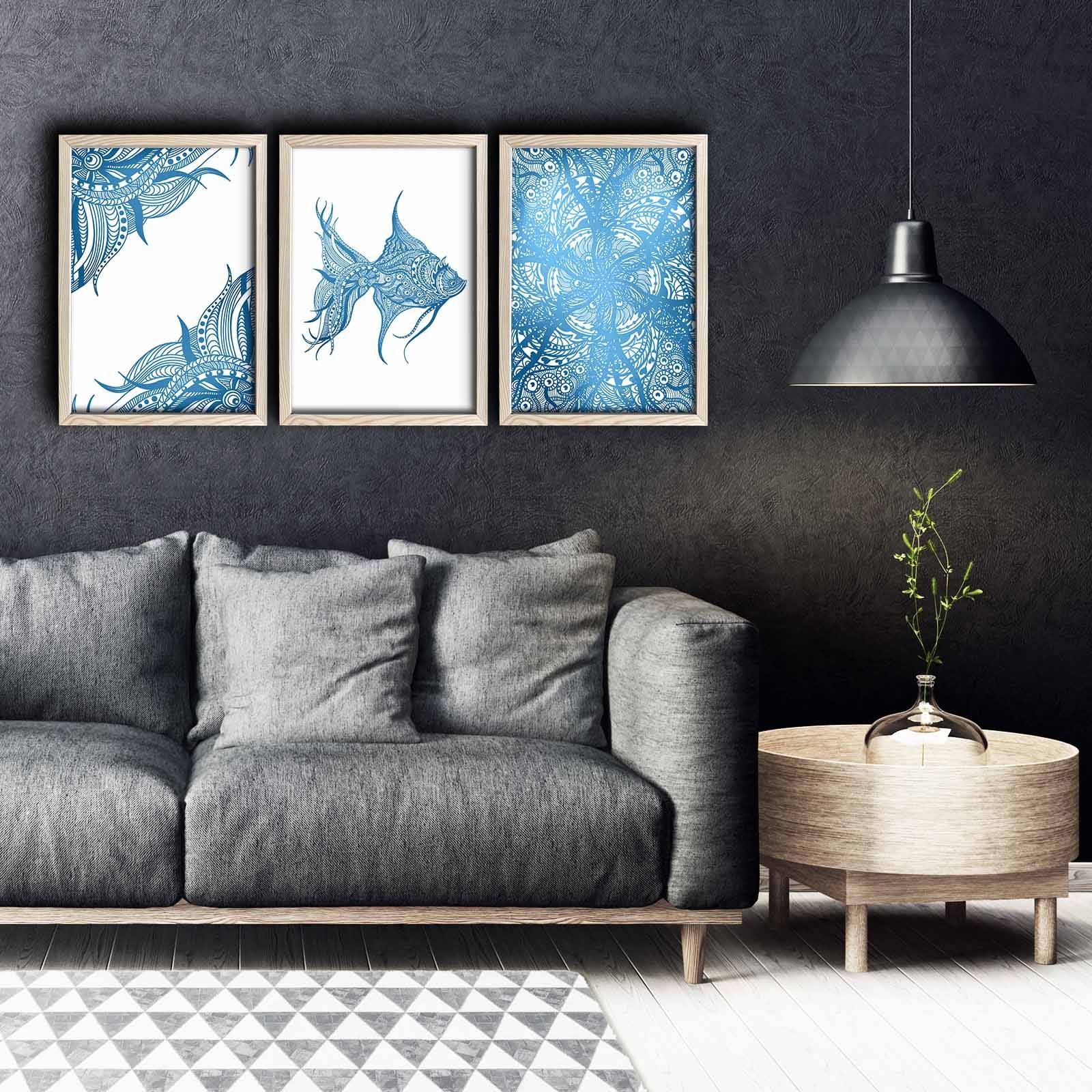Set van 3 Pictura onderwaterwereld pointillisme MDF Hout Blauw op Wit