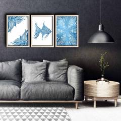 Set de 3 Pictura mundo submarino puntillismo madera MDF azul sobre blanco