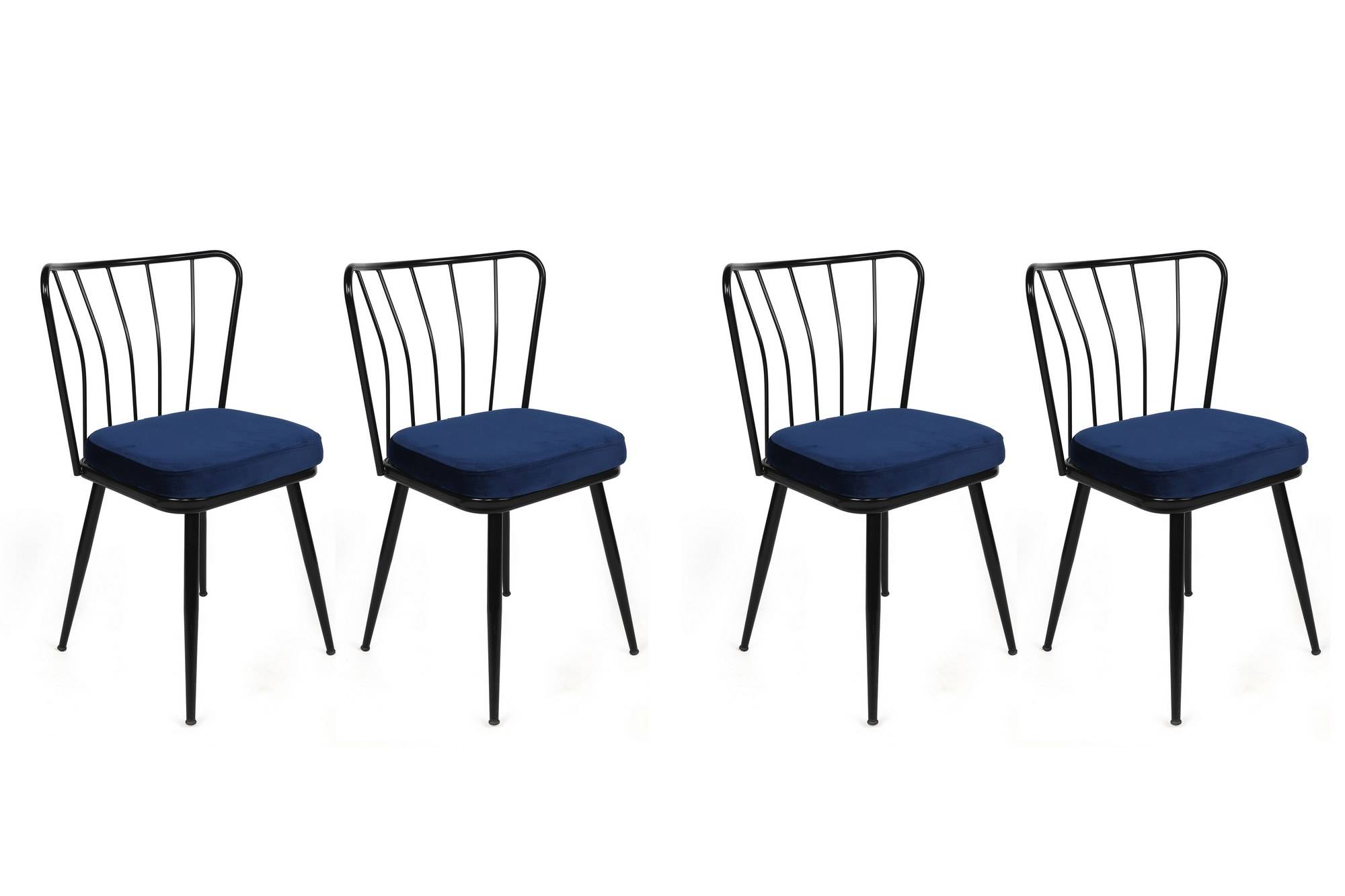 Set van 4 Gino stoelen van zwart metaal en donkerblauw fluweel