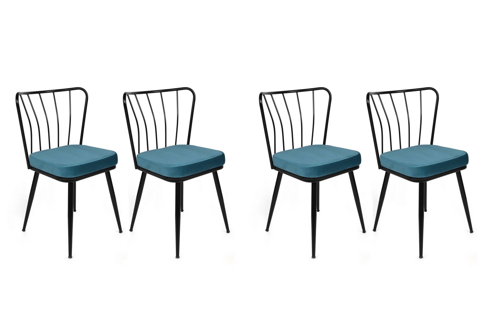 Set van 4 Gino stoelen van zwart metaal en blauw fluweel