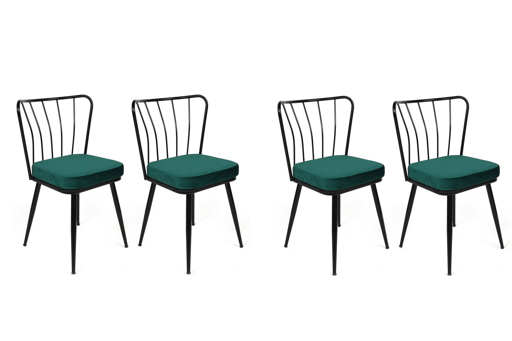 Set van 4 Gino stoelen van zwart metaal en groen fluweel
