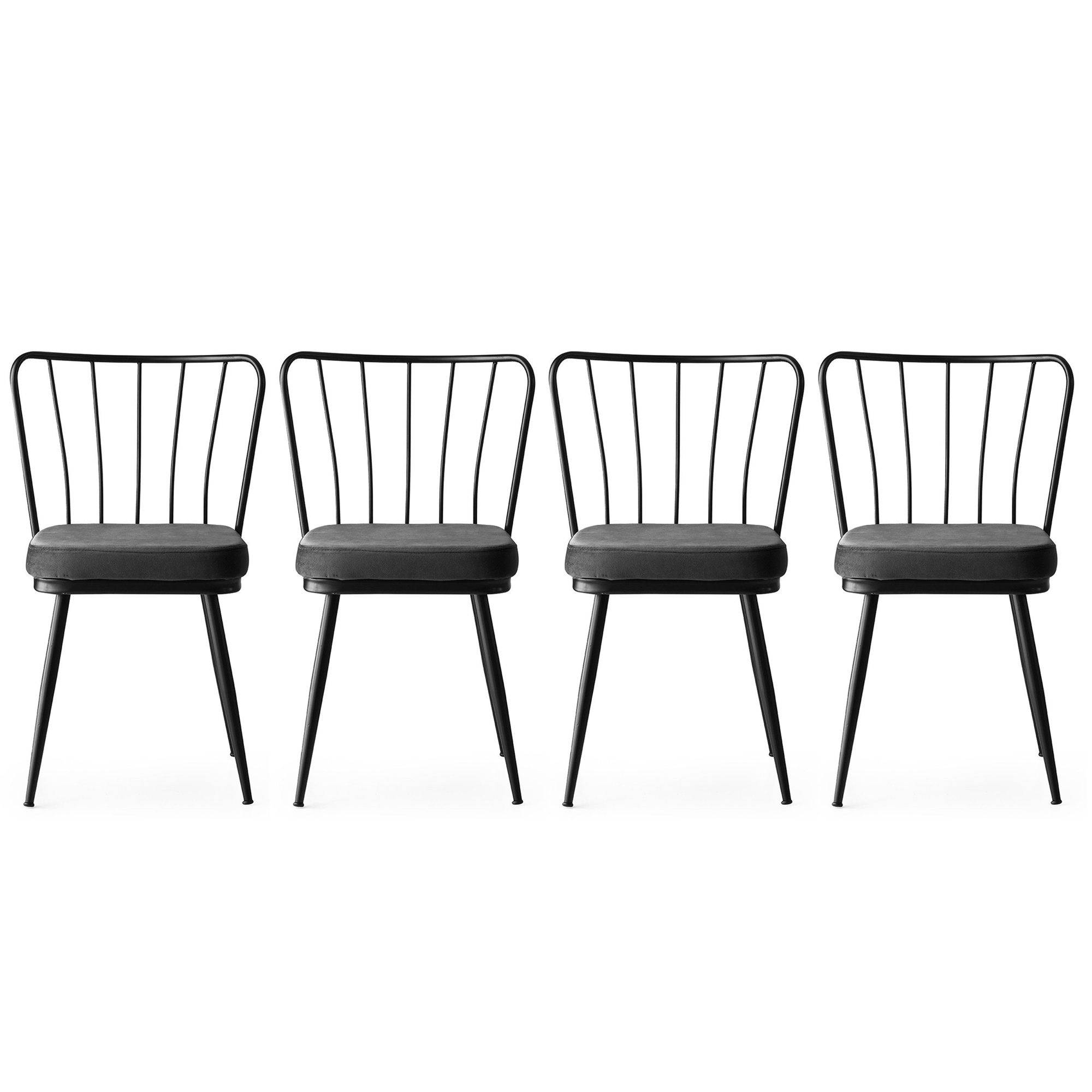 Lot de 4 chaises Gino Métal Noir et Velours Anthracite