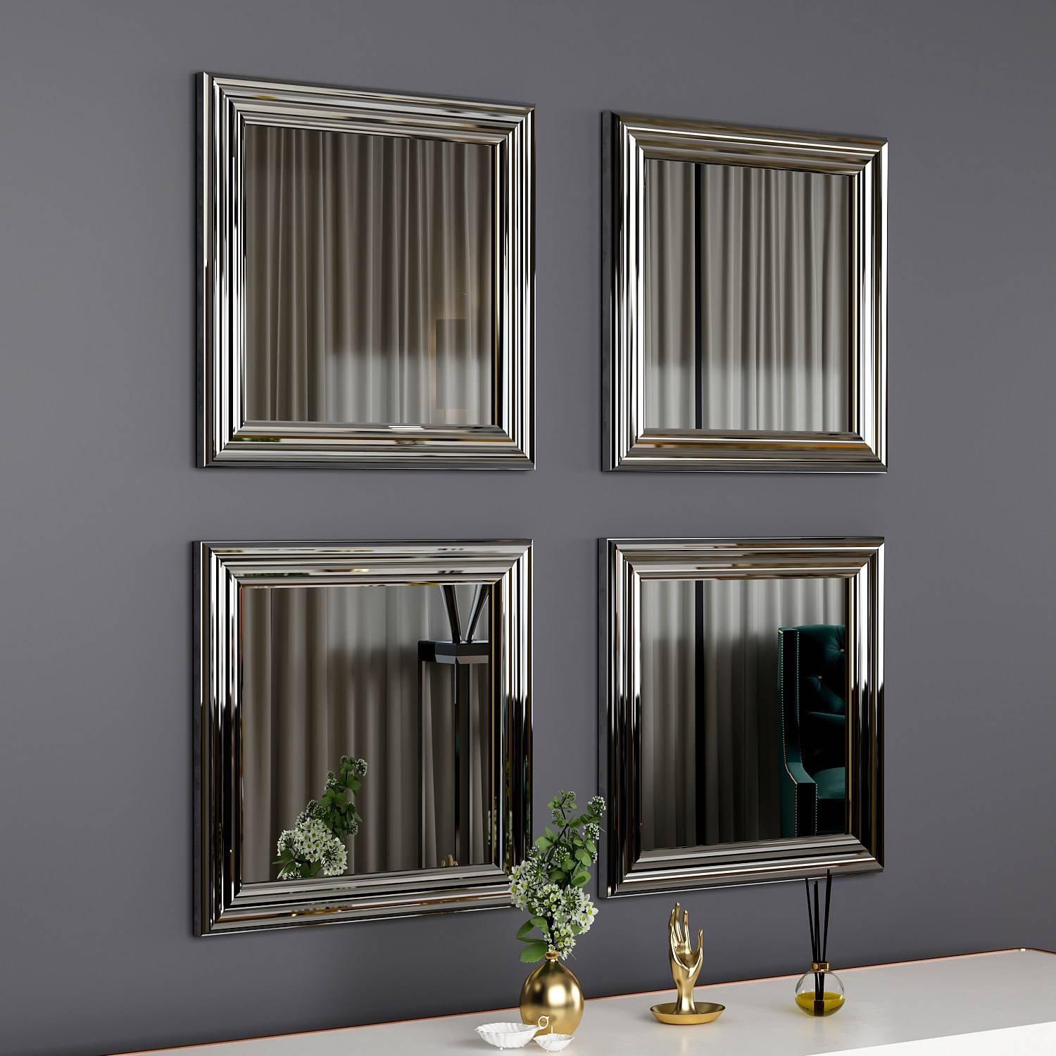 Set di 4 specchi da parete Kafka 40x40cm Legno Argento