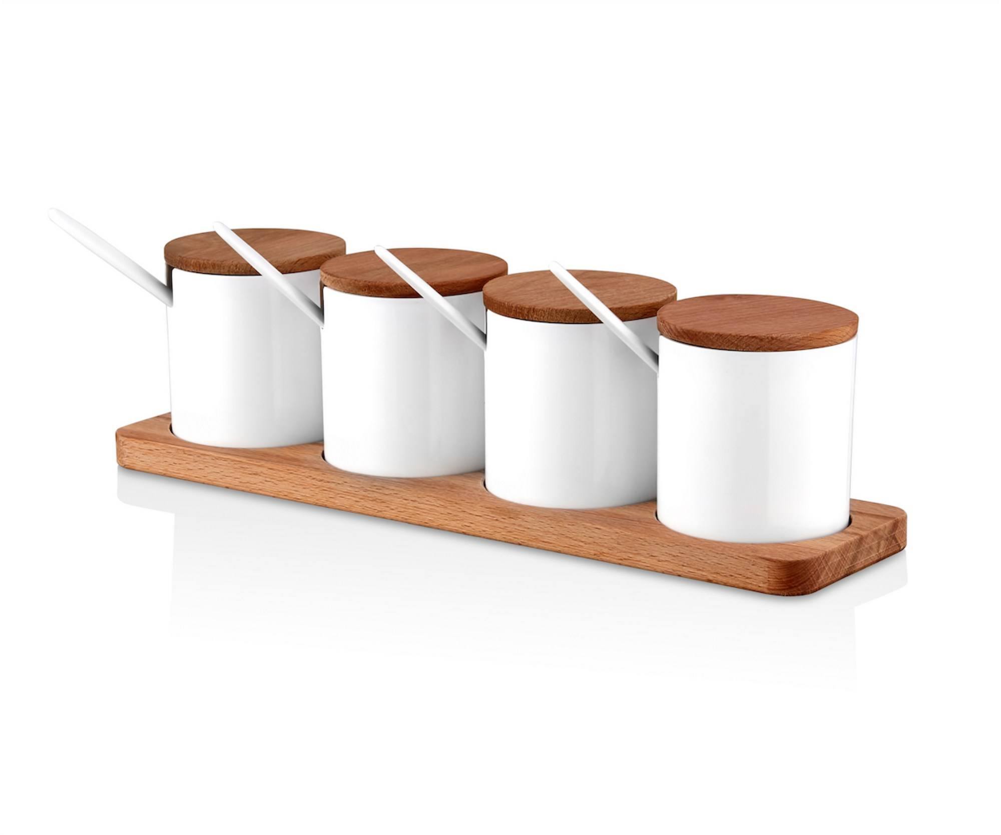 Set di 4 barattoli per spezie con coperchi e vassoio in legno chiaro Bianco Ade
