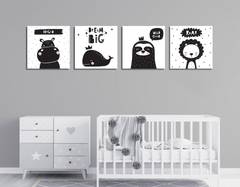 Set van 4 decoratieve afbeeldingen Nit kinderachtige dieren zwart en wit