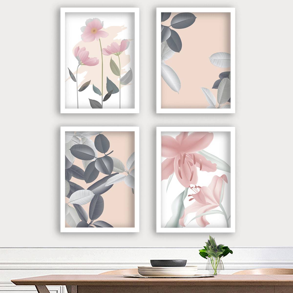 Set van 4 witte Eula ingelijste schilderijen 35x45cm bloemen schilderij patroon