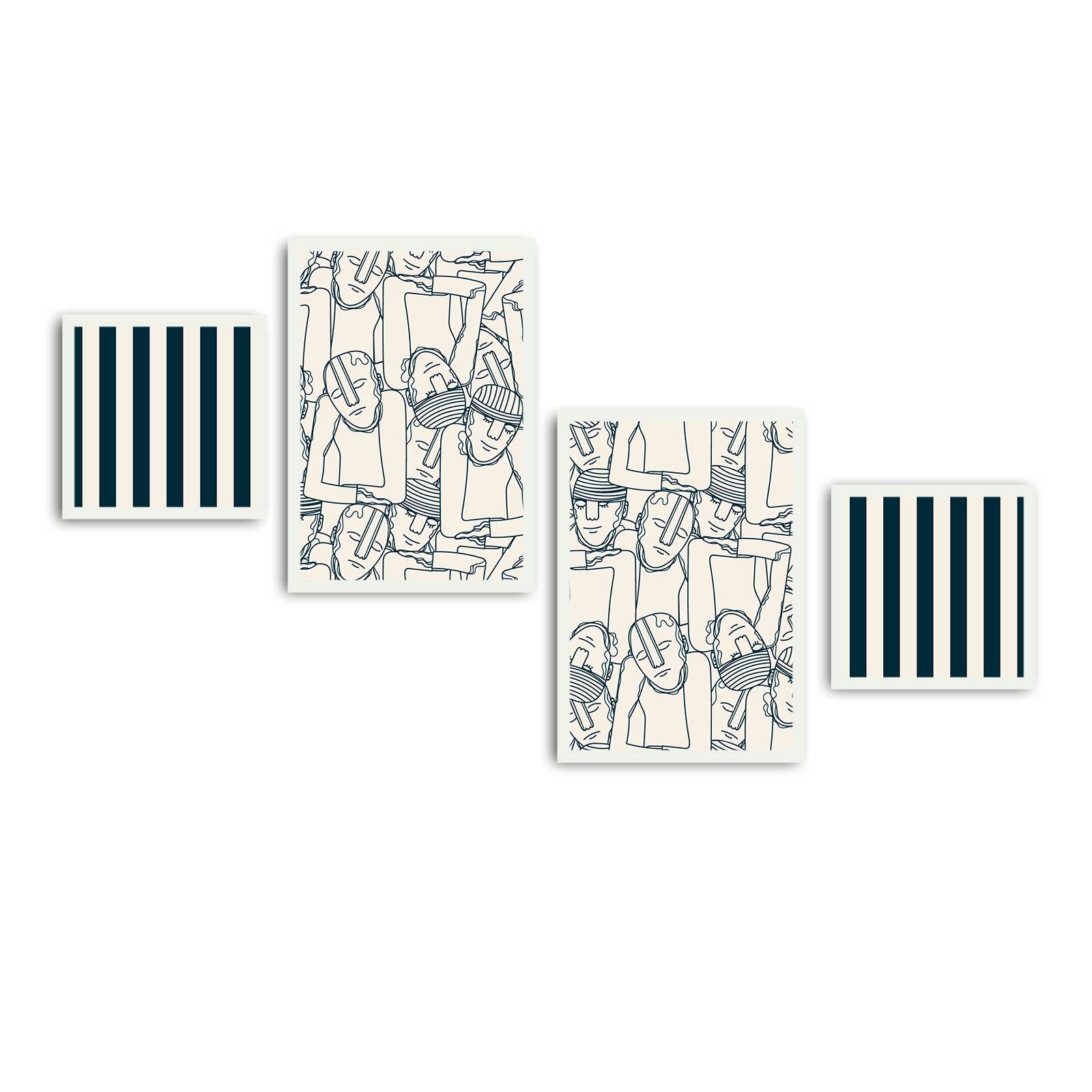 Lotto di 4 quadri incorniciati in bianco Pictor L136xH75cm Motivo Righe verticali e figure astratte Bianco e Nero