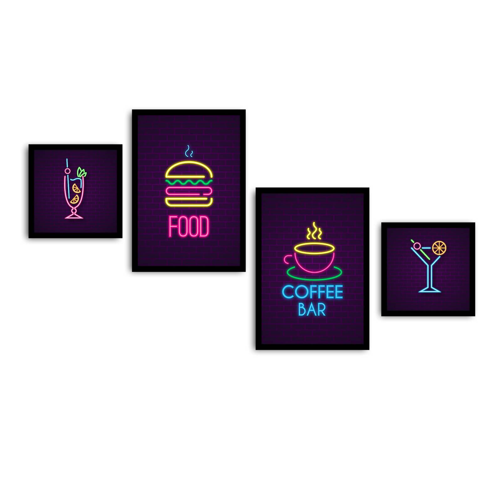 Set von 4 gerahmten Bildern in Schwarz Pictor L136xH75cm Motiv Drinks and food Mehrfarbig