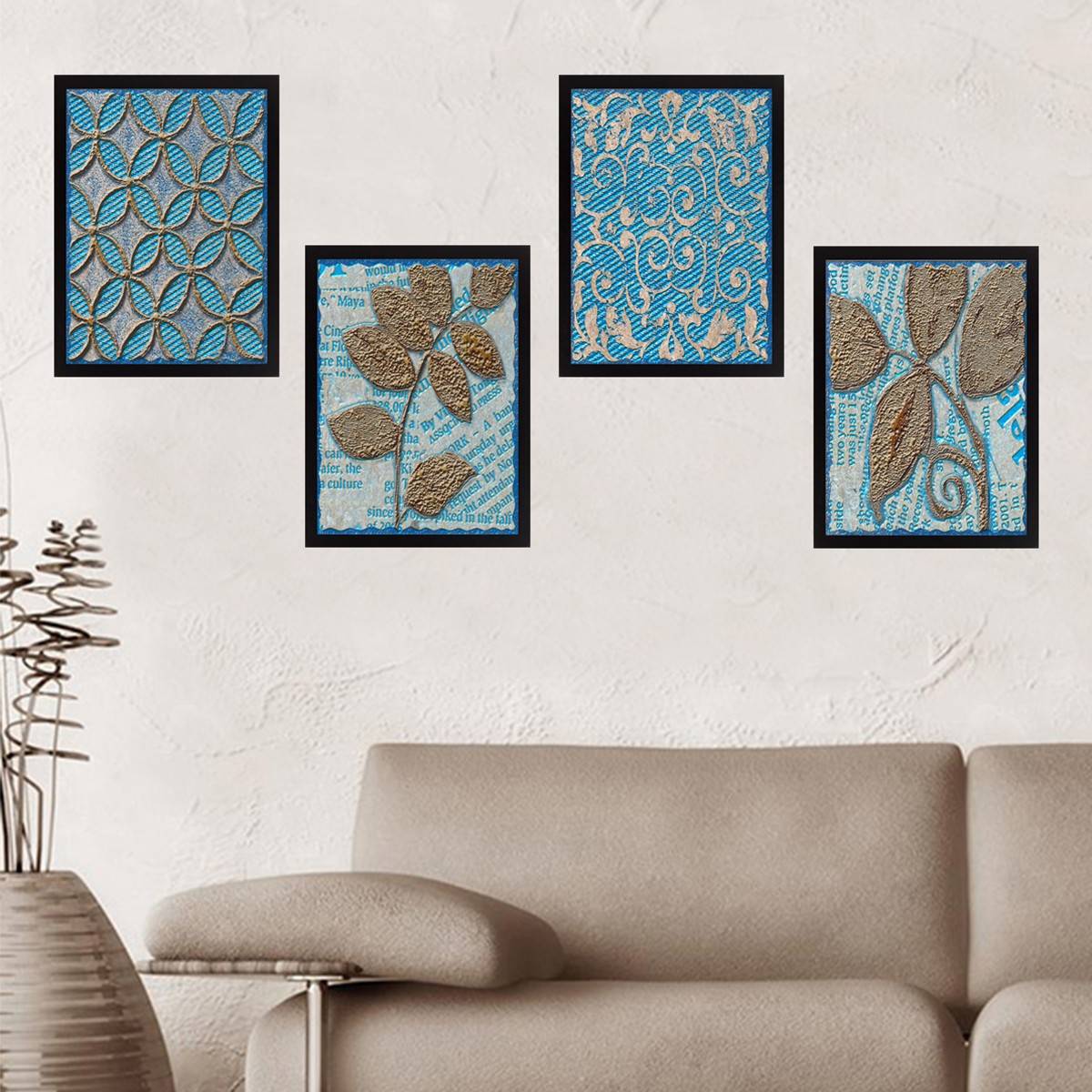 Set van 4 ingelijste schilderijen Black Manticore L24xH29cm Vegetation Pattern en Blue and Gold Ornamentation