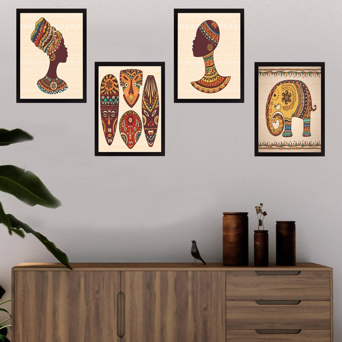 Assortiment van 4 afbeeldingen Afrikaanse afbeeldingen Aranea MDF Pin Multicolour