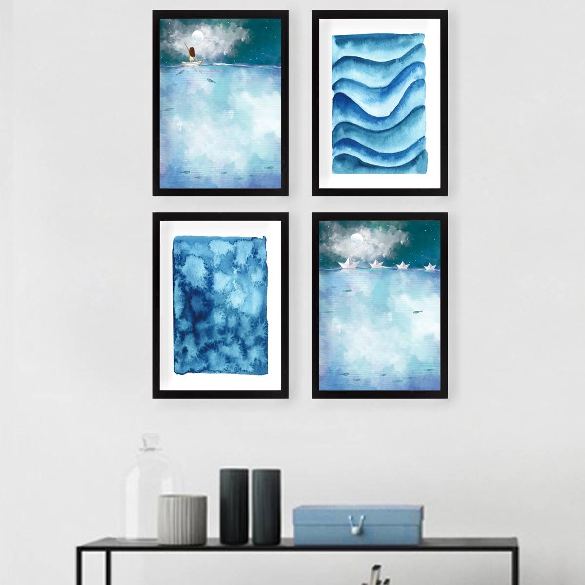 Set van 4 ingelijste schilderijen Black Manticore L24xH29cm Blauw en Wit Marine Patroon