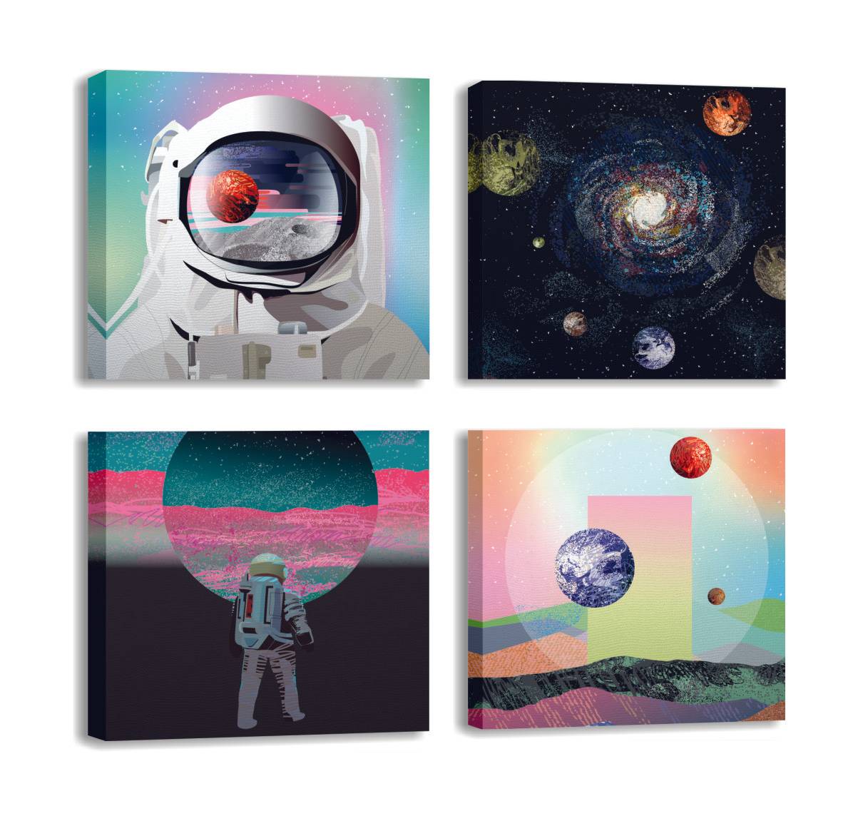 Assortiment van 4 Pictura astronaut ruimte schilderijen 30 x 30 cm Canvas Polycotton Hout Multicolour