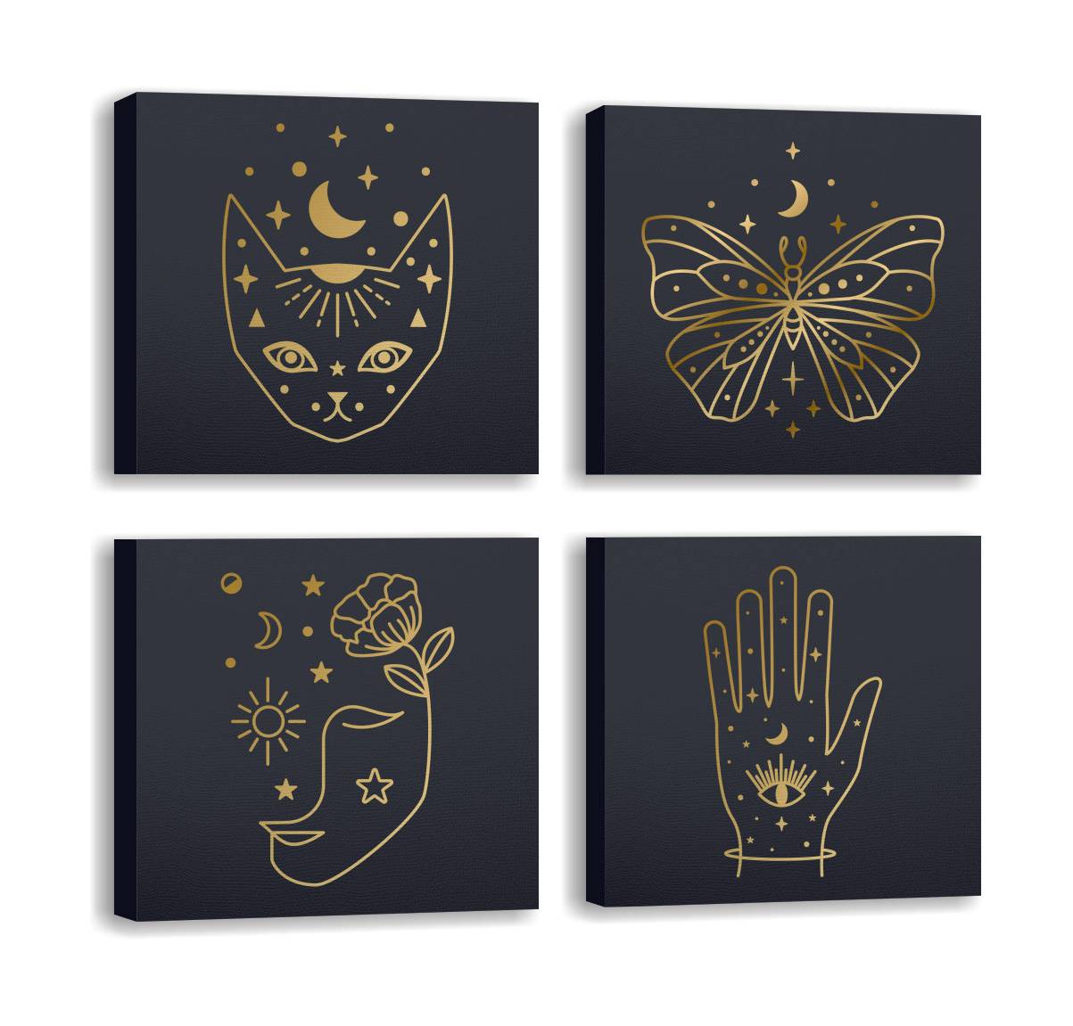 Set mit 4 Nizrug-Gemälden 30x30cm Minimalistische Schwarz-Gold-Zeichnungen