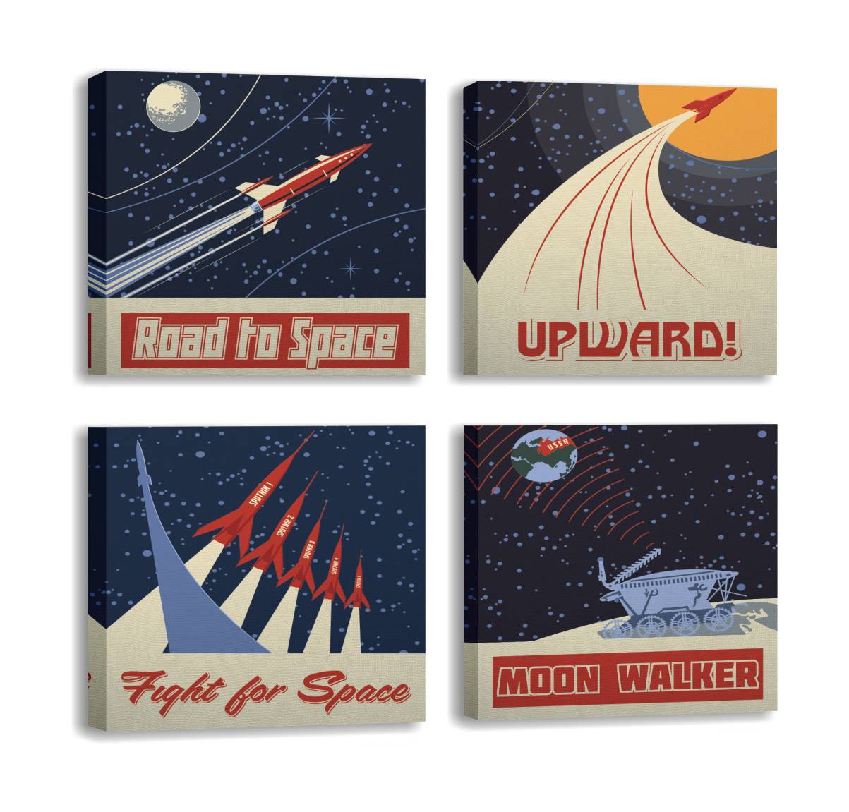 Assortiment van 4 Pictura ruimtevaart posters 30 x 30 cm Polycotton Canvas Hout Multicolour