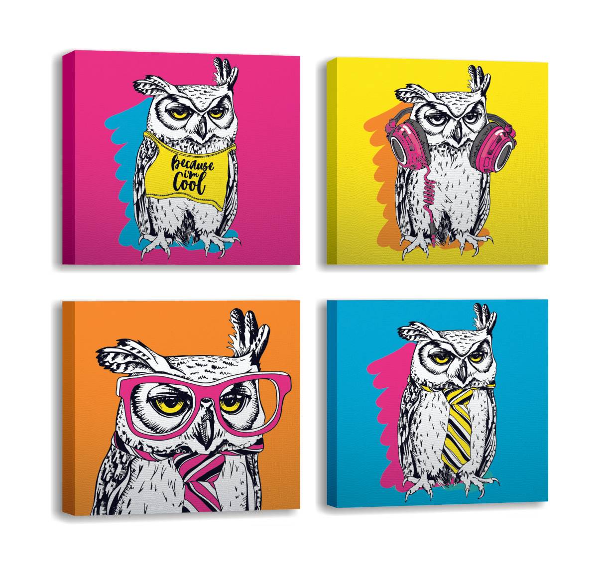Assortiment van 4 flitsende uilen Pictura 30 x 30 cm Canvas Polycotton Wood Multicolour