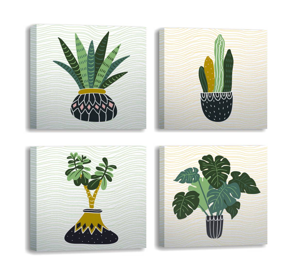 Assortiment van 4 decoratieve abstracte schilderijen tropische flora Pictura 30 x 30 cm Canvas Polycotton Hout Multicolour