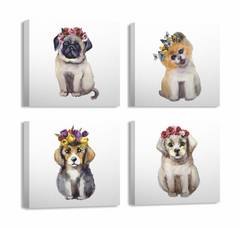 Surtido de 4 cuadros decorativos Cachorros Pictura 30 x 30 cm Lienzo Polialgodón Madera Multicolor