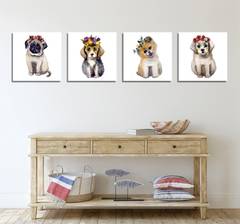 Surtido de 4 cuadros decorativos Cachorros Pictura 30 x 30 cm Lienzo Polialgodón Madera Multicolor