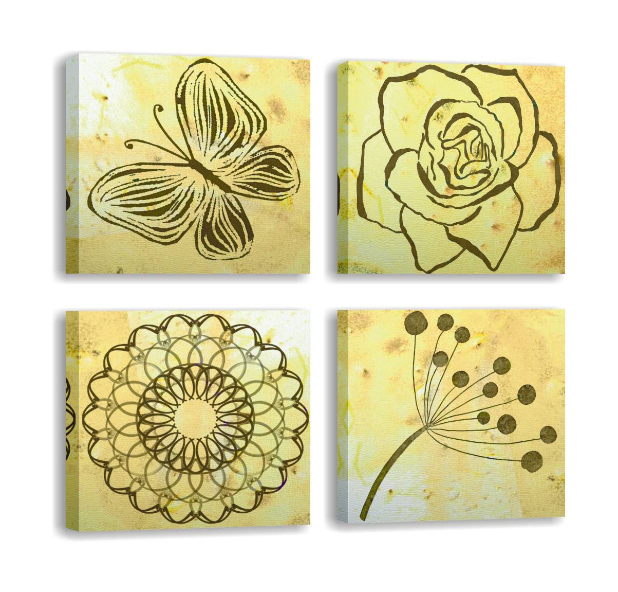 Set van 4 Pictura-schilderijen 30x30cm Bruine en gele bloemen en vlinderpatroon