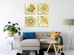 Set mit 4 Pictura-Gemälden 30 x 30 cm Braune und gelbe Blumen und Schmetterlingsmuster