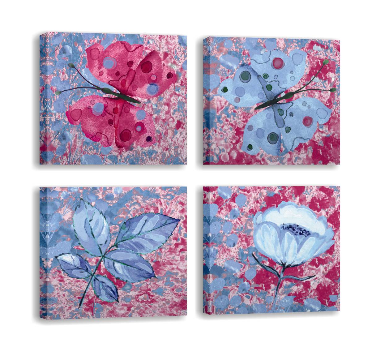 Lot von 4 Pictura-Gemälden 30x30cm Blau und Fuchsia Schmetterlings- und Blumenmotiv