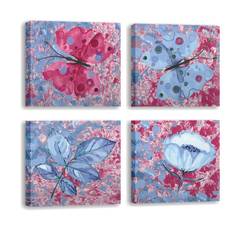 Lotto di 4 quadri Pictura 30x30cm Blu e Fucsia Motivo farfalle e fiori
