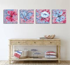 Lotto di 4 quadri Pictura 30x30cm Blu e Fucsia Motivo farfalle e fiori