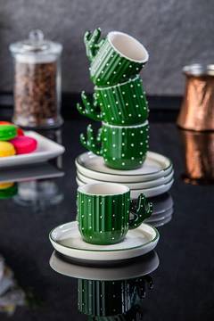 Set di 4 tazze e piattini da caffè Indica 110ml in ceramica con motivo a cactus verde e bianco