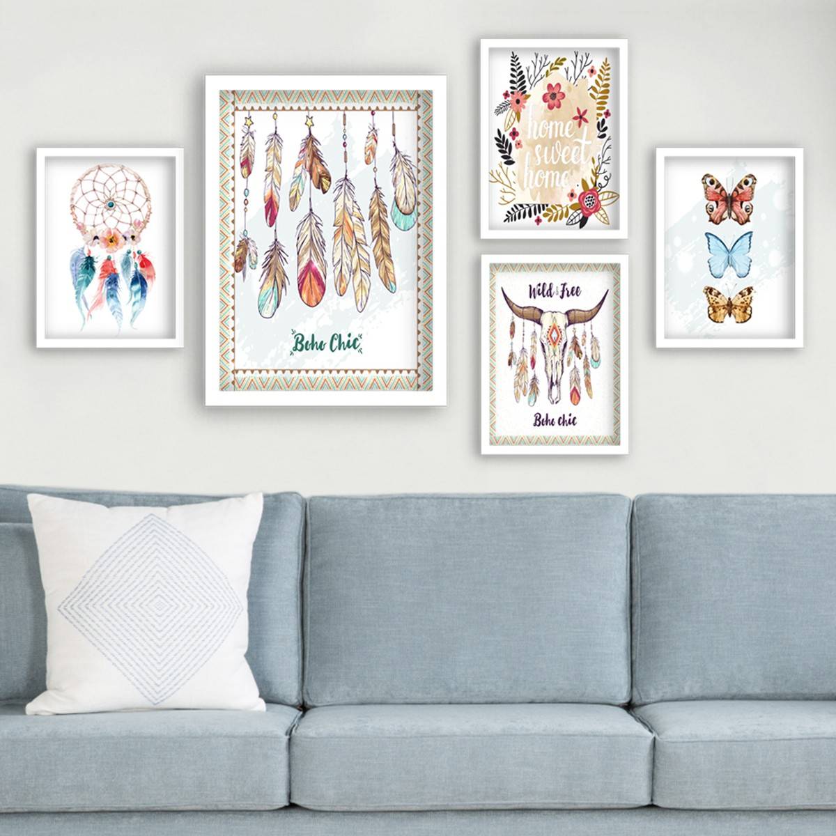 Set van 5 ingelijste schilderijen wit Aranea patroon Boho aquarel schilderijen