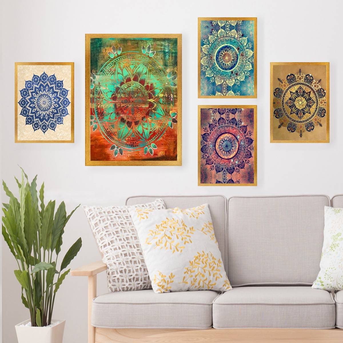 Set van 5 Aranea hout ingelijste schilderijen Mandala patroon