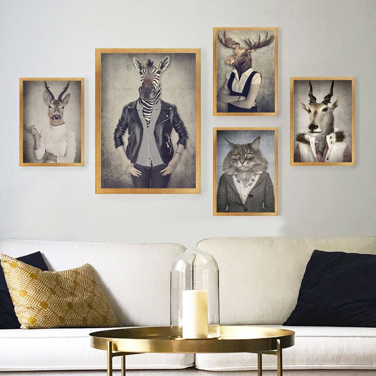 Lot de 5 tableaux encadrés Bois Aranea Motif Portrait d'animaux habillés