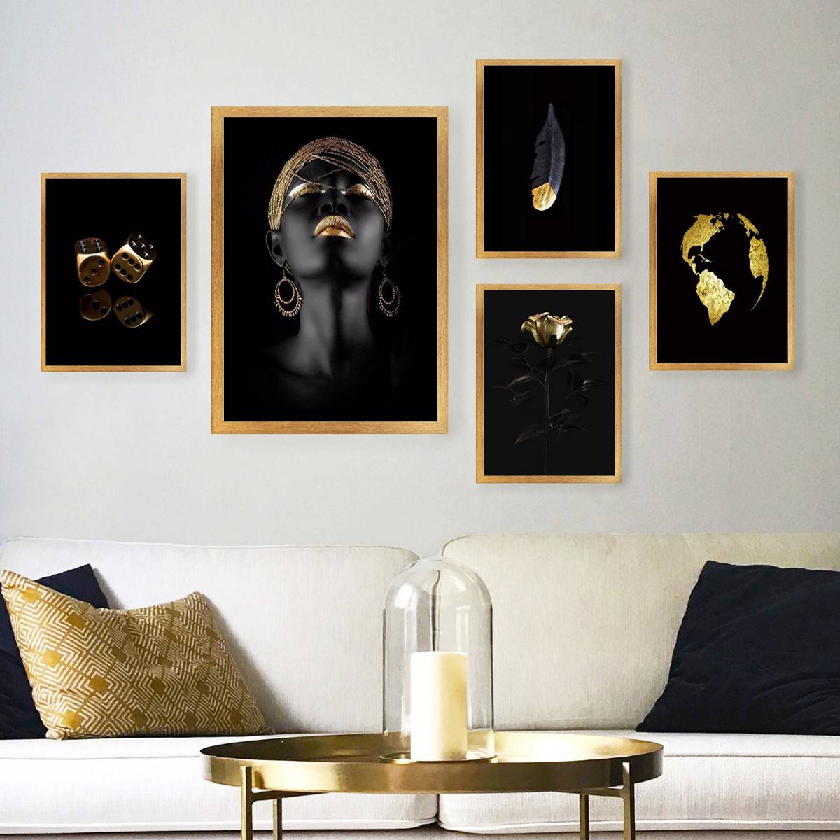 Set van 5 Aranea houten ingelijste schilderijen portret en object zwart en goud