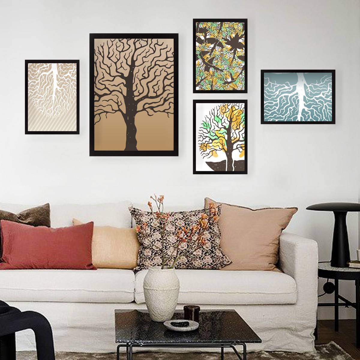 Set van 5 zwarte Aranea levensbomen ingelijste kunstafdrukken