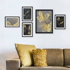Set mit 5 gerahmten Gemälden Schwarzes Aranea-Muster mit Rissen und tropischen Blättern in Schwarz, Grau und Gold