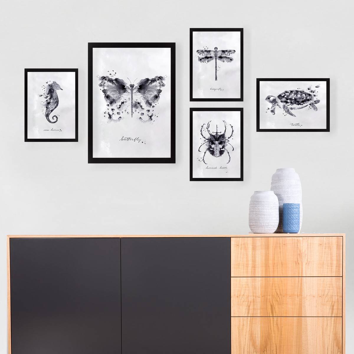 Set van 5 zwarte Aranea ingelijste schilderijen Zwart-wit prints met dierenwassing