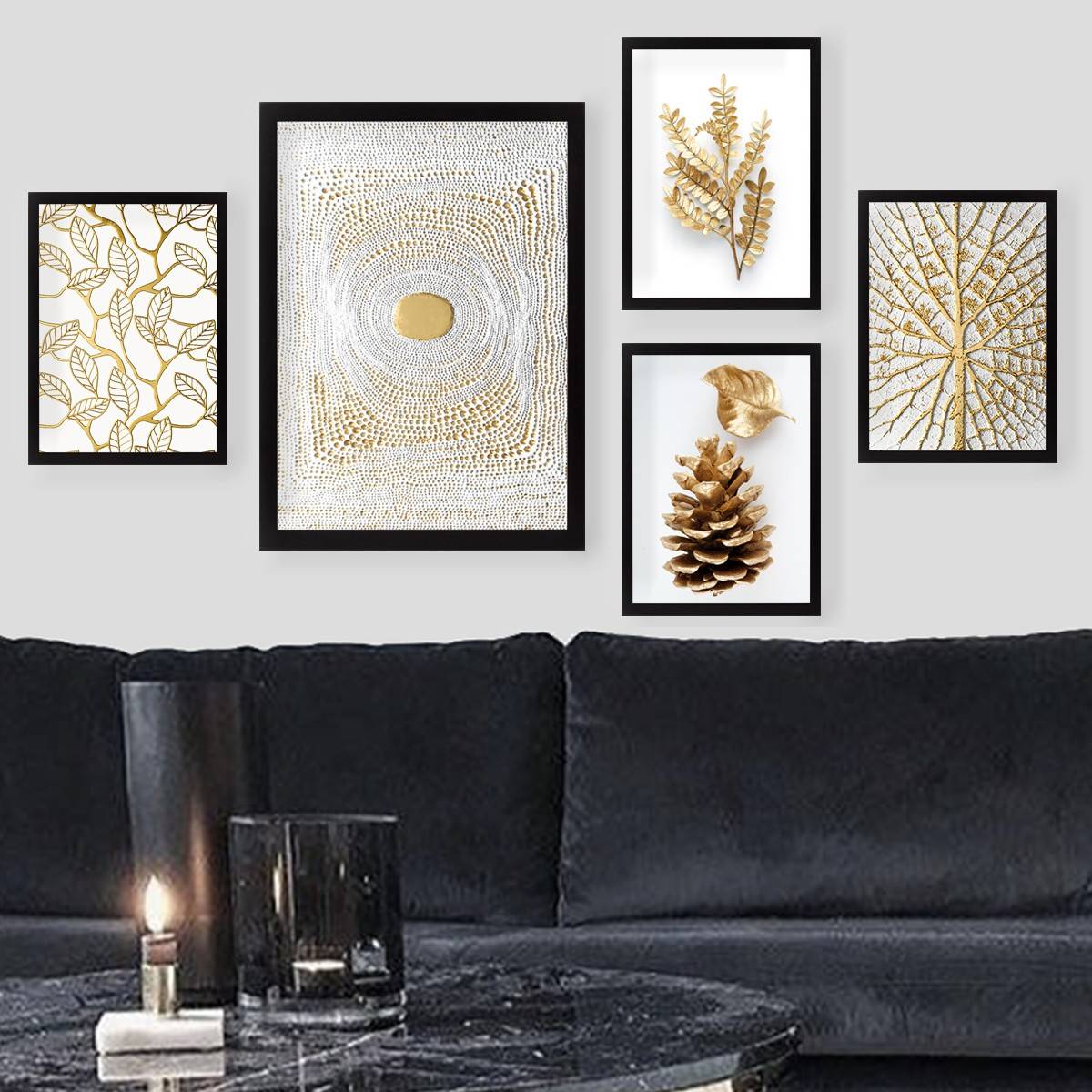 Set van 5 ingelijste schilderijen zwart Aranea patroon rib en botanisch goud en wit